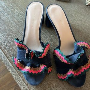 Loeffler Randall Vera city suede ruffle ric rac slide heeled sandals